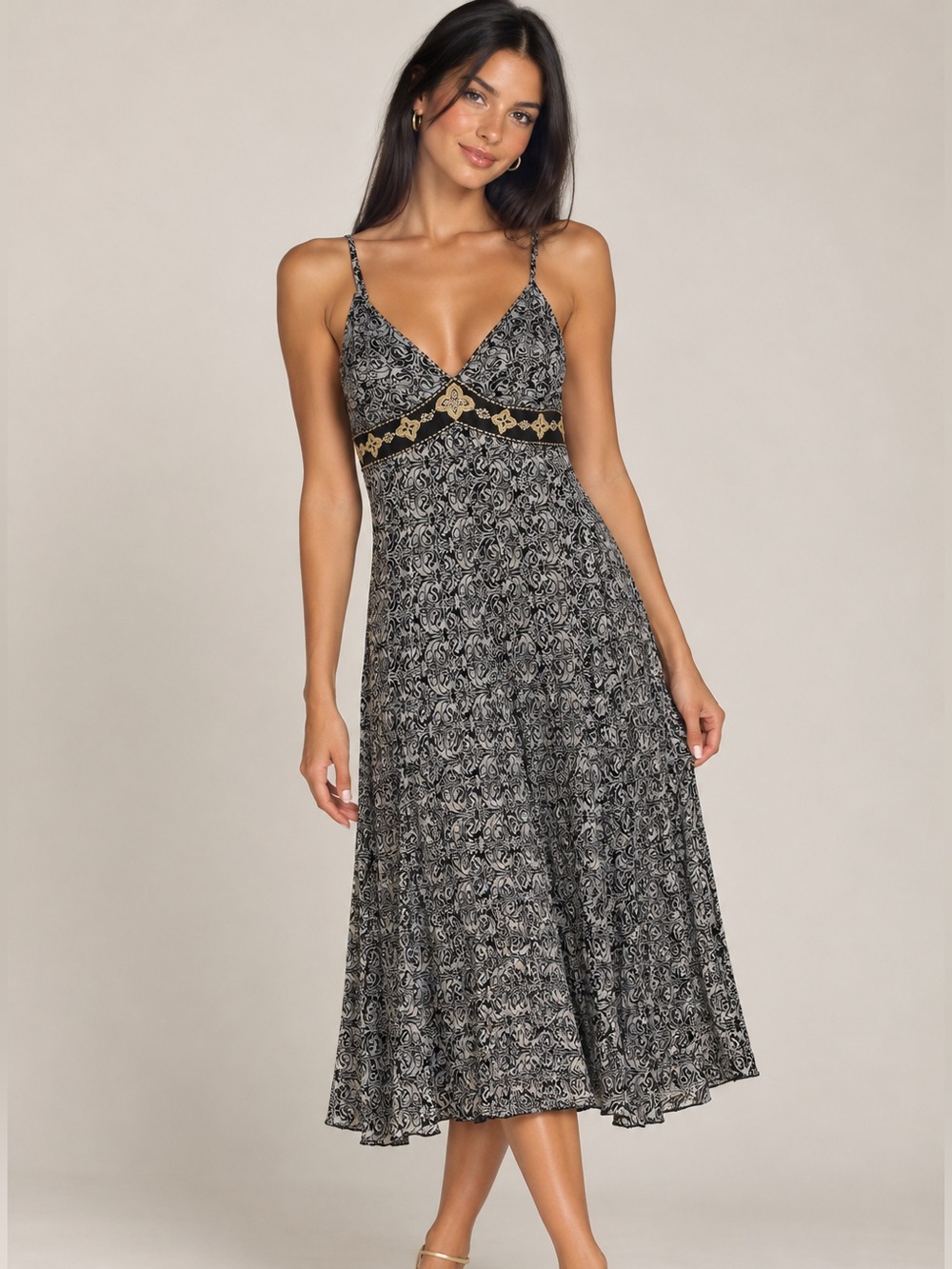 Vintage Y2K Mix it 10 Beaded Spaghetti Midi Paisley Dress Empire Gypsy Fairy